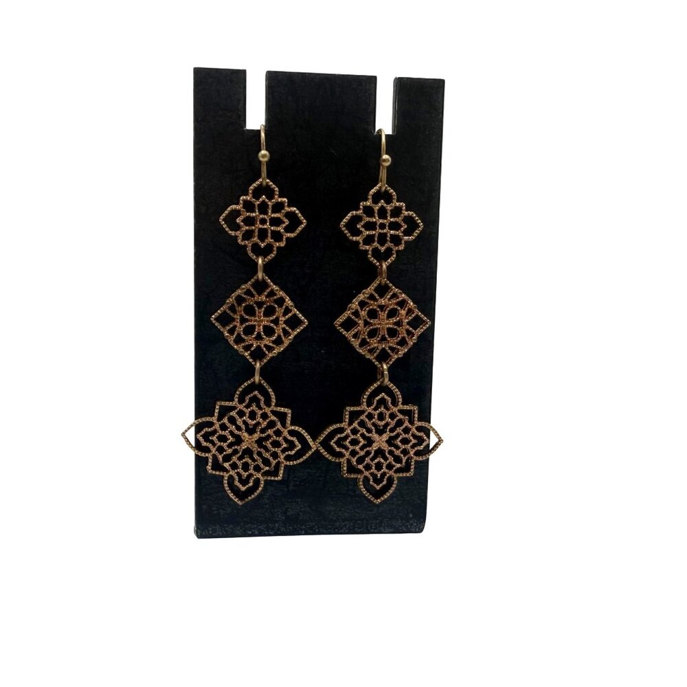 Vintage Filigree Dangle Earrings Antique Brass Tone Long Geometric Boho Statemen